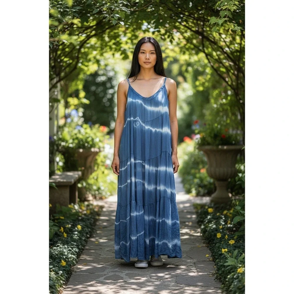 Elena Baldi Maxi Dress XS Blue Tie Dye Silk Blend Tiered Boho Coastal‎